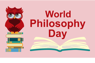 World Philosophy Day. Smart owl on stack of books, open book and lettering on blue background.