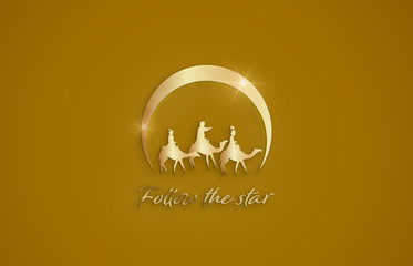 Obraz premium Christmas time. Nativity illustration of Three Kings and star of Bethlehem. Text : Follow the star.
