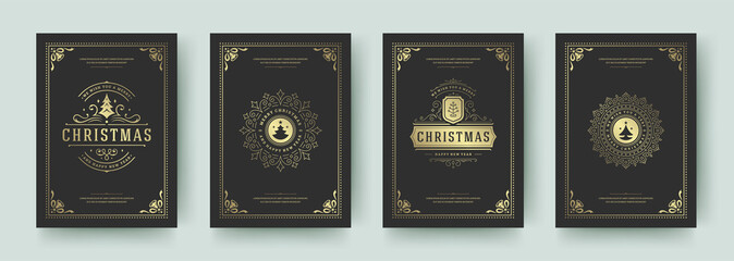 Fototapeta na wymiar Christmas greeting cards vintage design, ornate decoration symbols and winter holidays wishes vector illustration