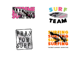 Vintage surf typography set. T-shirt graphics for print and other user. Vector