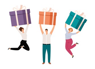 People with gift boxes. Happy women and man hold present box. Surprise vector illustration
