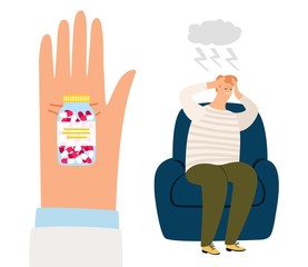 Drugs depression treatment. Headache and pills. Tired, owerworked sad man and medications in palm of doctor vector illustration