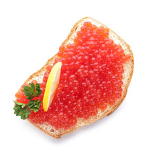 Slice of bread with red caviar and lemon on white background