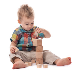 Happy Baby Boy Playing with Toys, Isolated on White Background