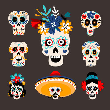 Mexican dead sugar heads. Funny skull images for day of the dead, mexican dia de los muertos festival, cartoon skeletons head set with happy and scary faces