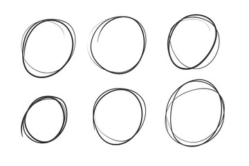 Set of vector hand drawn logo circles using sketch drawing scribble circle lines. Doodle emblem design elements for health, treatment, medical, cosmetic. Round icons