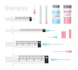 Syringes needles bottles. Treatment and medicine syringe illustration, vaccine medical objects with liquid isolated, drug vials and inoculation injection shots items
