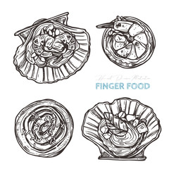 Finger food. Appetizer vector sketch hand drawn illustration. Scallops with seafood and sauce, pizza wheels, snack with cheese and shrimp