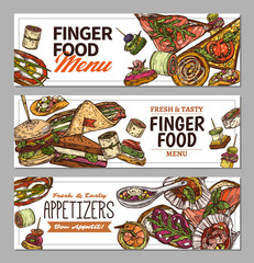 Horizontal banners with finger food design. Snacks, appetizers, mini canapes, sandwiches, seafood, hamburger, rolls. Vector illustration in flat style, colorful hand drawn sketch