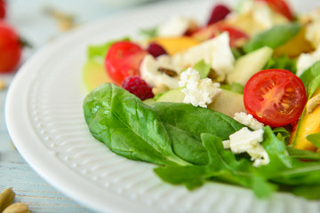 Tasty salad on plate, closeup
