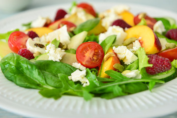 Tasty salad on plate, closeup