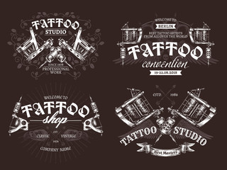 Tattoo emblems, badges and logo collection. Set of tattoo shops and salon labels and sign. Vector hand drawn engraving style