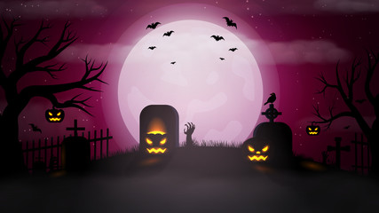 Halloween scary red background. Foggy landscape with bats, full super moon, pumpkins, trees and gravestones on graveyard. Vector illustration template
