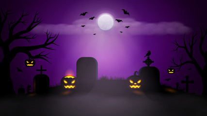 Halloween scary violet background. Foggy landscape with bats, full moon, pumpkins, trees and gravestones on graveyard. Vector illustration template