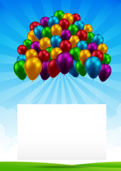 3D Colorful group of balloon with blank paper over blue sky and green field 001