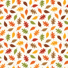 Large seamless vector pattern with autumn leaves in orange, yellow and brown on cream background. For wallpaper, gift wrapping paper, textiles, home decor, pattern fills, web page background. - 291499797