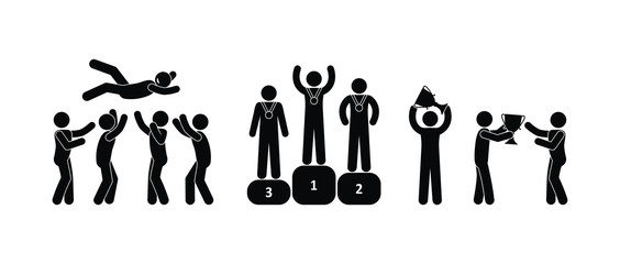 Winners stand on the podium. Man celebrate holding a trophy award. Stick figure people throw winner. Isolated icons.