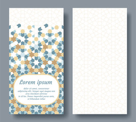 Islamic double card for invitation, celebration, save the date, wedding performed in arabian geometric tile. Colofrul vector template