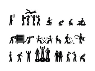 Icon people in various situations. People have fun, work, relax. Stick figure pictogram human silhouette isolated.