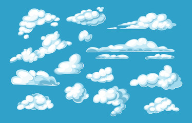 Set white clouds on blue sky background. Cartoon cloud differents shapes, thunderclouds in blue sky. Vector cloudy landscape isolated for 2d game elements