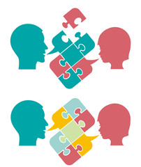  Father and child, understanding and dialog.  Male and child stylized head silhouettes with puzzle speech bubble symbolizing psychological processes of dialogs. Vector available.