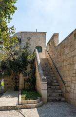 Steps leading from the Dome of the Rock to the garden on the territory of the interior of the Temple Mount in the Old City in Jerusalem, Israel