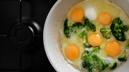 fried eggs with broccoli in a pan