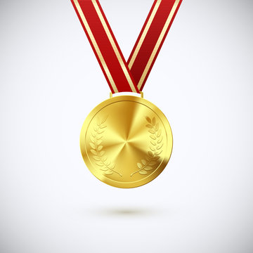 Golden medal with laurel hanging on red ribbon. Gold award symbol of victory and success. Vector illustration
