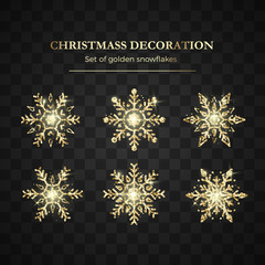 Golden Snowflake. Christmas decoration element. Shiny gold luxury flake. Vector illustration isolated on transparent background