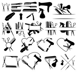 Set of logos and elements for a hairdrymaker. Collection of items for the beauty salon. Black white illustration for logos. Tattoo.