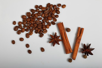 Coffee beans, cinnamon sticks, allspice and anise. On white background. World Coffee Day.