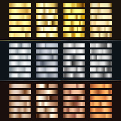 Golden Silver and Bronze gradient set. Collection of shiny bronze silvery and gold pattern. Realistic metallic foil. Vector illustration