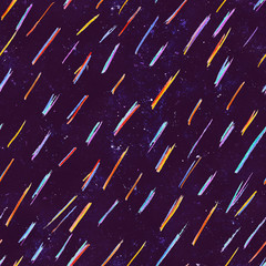 Pencil drawing seamless pattern with rain, using colour pencils, crayons and chalks. Located on cosmic dark blue background. Good for wrapping paper, textile, greeting cards.