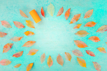Fototapeta na wymiar Autumn wine background with vibrant fall leaves, a design template for a winetasting invitation or a menu