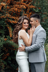 Fototapeta premium Beautiful wedding photos in summer. Beautiful young couple hugging among the branches of sea buckthorn. Beautiful couple are walking in the park at summer. Beautiful young couple tenderly kissing