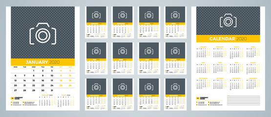 Wall calendar template for 2020 year. Week starts on Sunday. Vector illustration