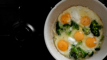 Fototapeta na wymiar fried eggs with broccoli in a pan