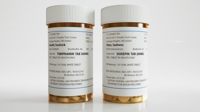 Tabletten in einer Dose gegen Depressionen - Konzept von Antidepressiva Medikamenten - fiktive Namen und Adressen -  3D Rendering