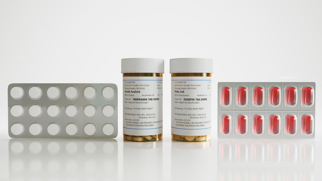  Tabletten in einer Dose und Kapseln gegen Depressionen - Konzept von Antidepressiva und von Heilung - fiktive Namen und Adressen - 3D Rendering 