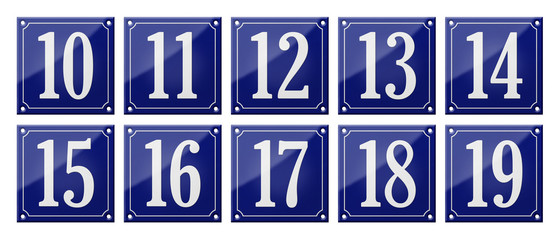 Set of traditional blue enamel signs - Numbers 10- 19