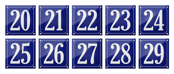 Set of traditional blue enamel signs - Numbers 20- 29