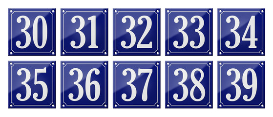 Set of traditional blue enamel signs - Numbers 30- 39