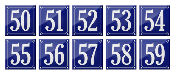 Set of traditional blue enamel signs - Numbers 50- 59