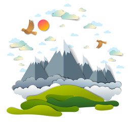 High mountain peaks range scenic landscape of summer with clouds birds and sun in the sky, paper cut style childish illustration, holidays, travel and tourism theme.