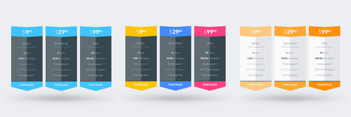 Pricing table design template for websites and applications. Set of three different color variations. Vector pricing plans. Flat style vector illustration