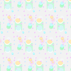 Vector seamless abstract geometric pattern. Pastel colors. Multicolored polka dots and lines on on soft pink background. 