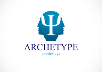 Psychology and mental health concept, created with double man head profile as an archetype and shadow, psychoanalysis, individuality and psychical problems. Vector logo or icon design.