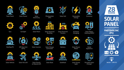 Solar panel color icon set in dark mode with sun power photovoltaic (PV) home system and renewable electric energy technology glyph symbols: EV home charging, solar water heating (SWH), rooftop.