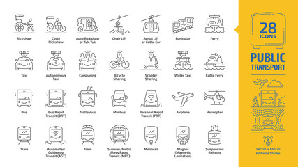 Public transport outline icon set with urban, inter city, international and travel passenger vehicle editable stroke line signs: bus, van, car, train, aircraft, ship, bike, metro, taxi, road & traffic