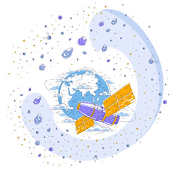 Space station orbiting around earth, spaceflight, spacecraft spaceship iss with solar panels, artificial satellite, surrounded by stars and other elements. Thin line 3d vector illustration.